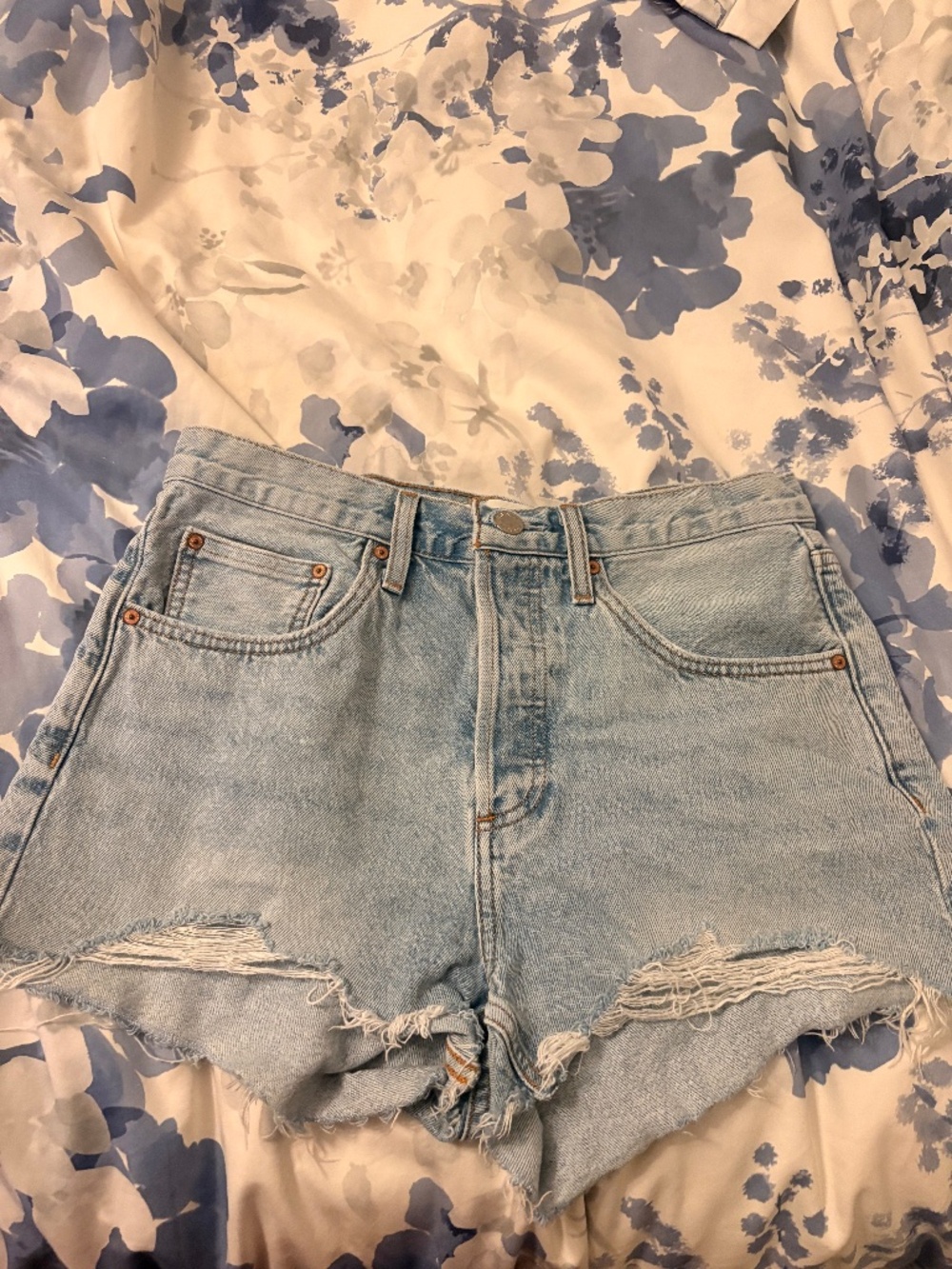 Denim Forum Distressed High-Rise Denim Shorts